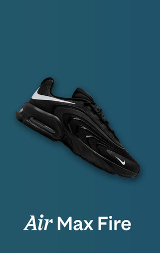 Black sneaker with white accents on a blue background, labeled 'Air Max Fire'.