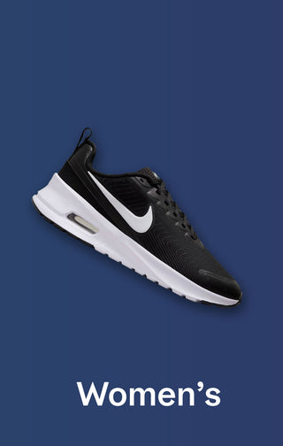 Black sneaker with white swoosh logo on a blue background