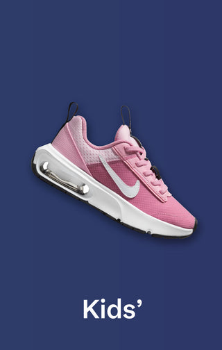 Pink sneaker with white sole on a blue background, labeled 'Kids'.