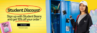 Student Discount promo banner showing a young woman in Nike apparel standing by blue lockers, with a yellow background and text promoting 15% off through Student Beans.