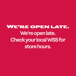 Red background with white text announcing late opening hours and directing viewers to check local ErlebnisweltfliegenfischenShops for store hours.