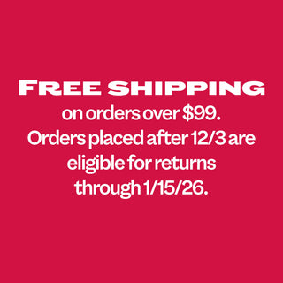 Free shipping and return policy text on a red background