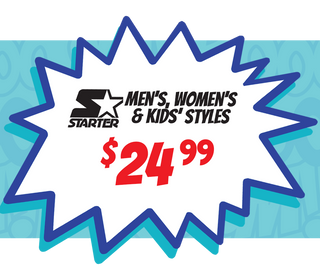 A promotional graphic for Starter featuring the text 'MEN'S, WOMEN'S & KIDS' STYLES' and the price '$24.99' inside a white starburst shape with blue and teal outlines on a light blue patterned background.