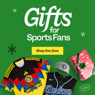 Promotional graphic for gifts for sports fans with sports-themed merchandise on a green background.