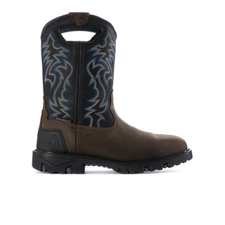 Men's brown work boot with blue western embroidery and black rubber sole