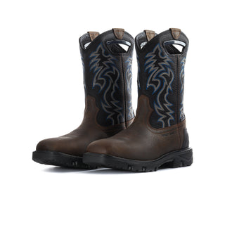 Pair of men's brown western boots with blue embroidery and thick tread soles