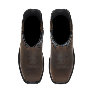 Men's brown boots viewed from front with blue embroidery and black interior lining