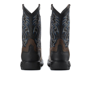 Men's brown western boots from back with blue embroidery and black heel panels