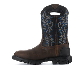 Men's brown work boot with blue embroidered shafts and black lug outsole