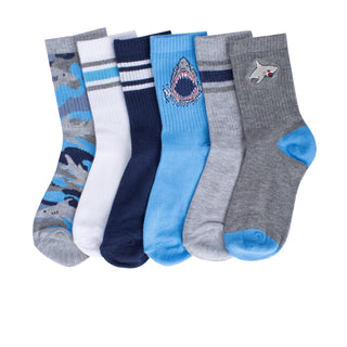 Six-pack half-crew socks in blue and white with navy stripes and shark embroidery