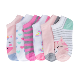 6-pack no-show socks, pink and light blue with cat, rainbow, unicorn, hearts, stripes