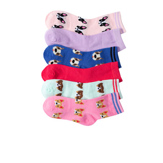 6 pack quarter socks with colorful dogs and striped patterns, assorted pastel and red