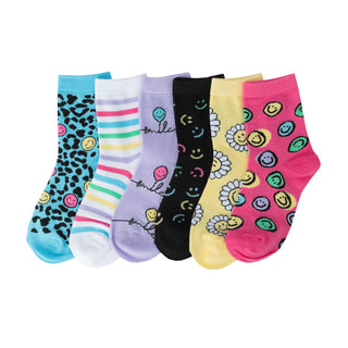 Six-pack kids quarter crew socks, multicolor with smiley and animal patterns