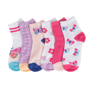 Six-pack x-small quarter socks with butterfly and flower patterns, mixed pink and purple