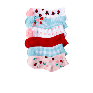6-pack quarter socks with ladybug, floral, stripe, and dot patterns, red/blue accents