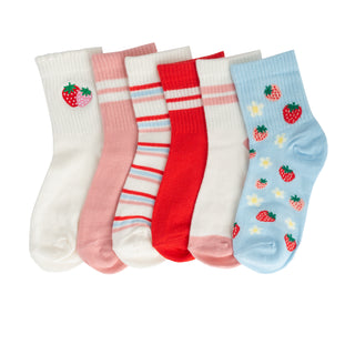 6-pack small quarter socks in white, pink, red, and blue; strawberry embroidery and stripes