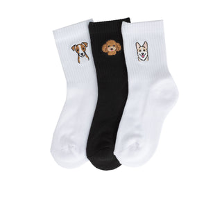 3-pack medium crew socks: white and black with embroidered pet faces