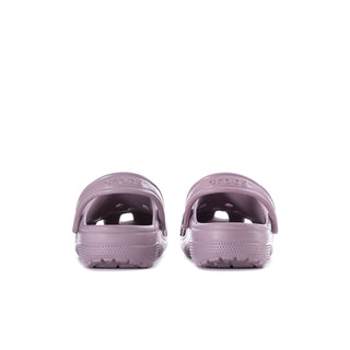Women's dusty lilac clogs, rear view with heel strap and cushioned back