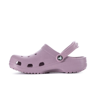 Women's dusty lilac clog side profile with ventilation holes and emblem badge