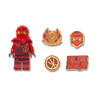 Five red and gold ninja Jibbitz charms: figure, flame, mask, medallion, logo
