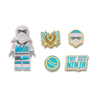 Five Zane Crocs Jibbitz charms: minifigure, gold emblem, mask, ring, ice ninja text