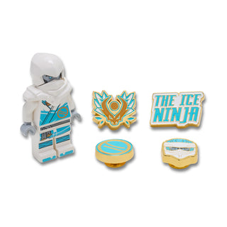 Five Zane Crocs Jibbitz charms: minifigure, gold emblem, ice ninja logo, mask, ring