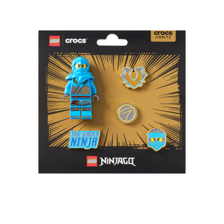 LEGO Ninjago Nya 5-pack Crocs Jibbitz with blue and gold charms, in blister card.