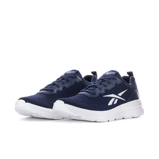 Pair of men's navy running sneakers with white soles and white logo details
