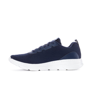 Men's navy running sneaker with textured knit upper and white outsole