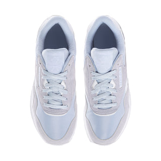 Women's front view sneakers in light blue and white, lace-up with padded collar