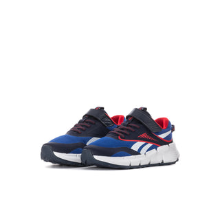Kids lace-up running sneaker in navy and blue with red lining and white midsole.