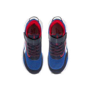 Pair of kids sneakers showing navy mesh uppers, red inner lining, and black laces.
