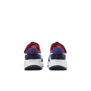 Kids navy and blue sneakers with red heel tabs and white sole backs.