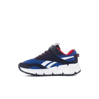 Kids navy and blue lace-up sneaker with red collar accents and white cushioned sole.