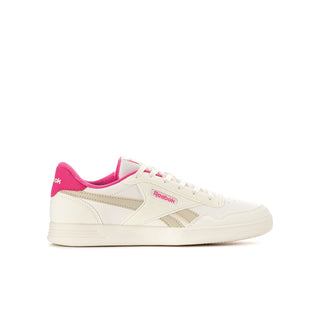 Youth white and pink Reebok court sneaker with lace-up front and side stripes