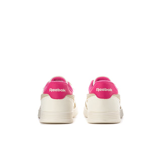 Youth white and pink Reebok sneaker heel view with pink back logo detail