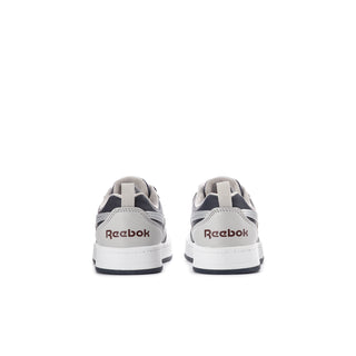 Back view of kids' grey and navy sneakers with heel pull tab