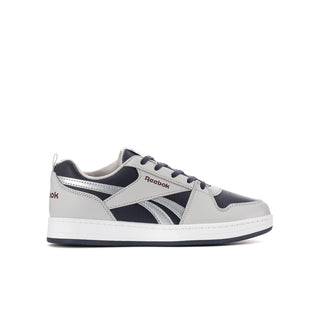Youth lace-up low-top sneakers in light grey, navy, and white with Reebok logo