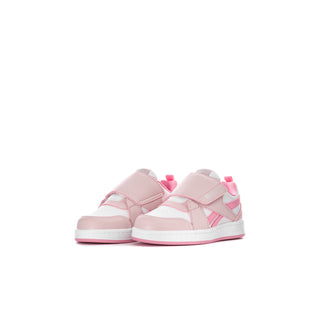 Toddler sneaker front/side view in pink and white with two-tone panels