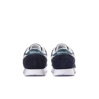 Youth Reebok sneakers back view, dark indigo heel tabs and white midsoles