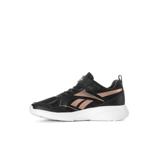 Kids black running shoe with rose graphic, hook-and-loop strap, and white sole