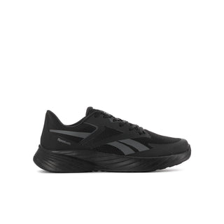 Youth running shoe, black with grey Reebok logo and side stripes