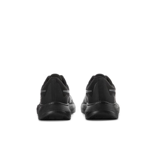 Youth running shoes, black heel view with rear pull tab and cushioned collar