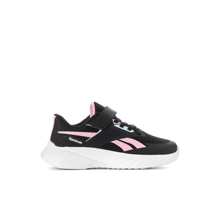 Kids black running shoe with pink logo, hook-and-loop strap, white sole