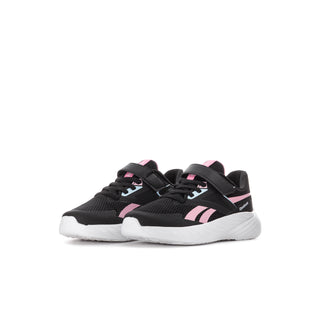 Kids black running shoes with pink accents and white cushioned sole