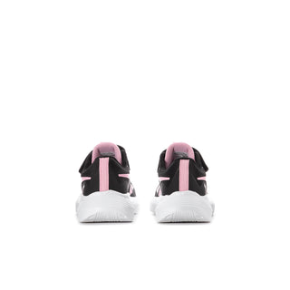 Kids black running shoes with pink heel collar and cushioned white sole