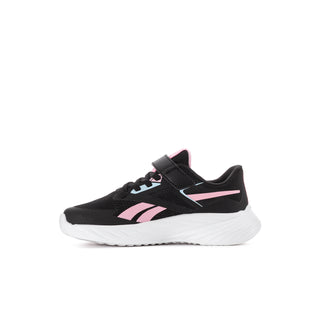 Kids black running shoe with pink side stripe, lace-up and white midsole