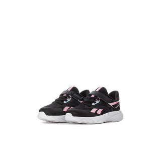 Toddler black running sneakers with pink accents and white cushioning sole