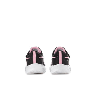 Toddler black sneakers with pink heel pull tab and cushioned white sole