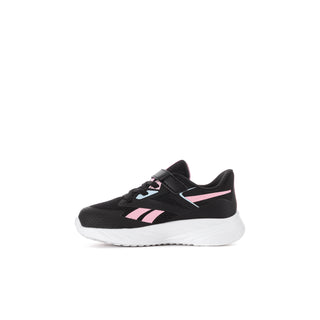 Toddler black running shoe with pink logo stripes and white midsole